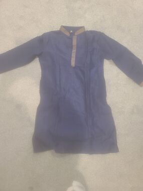 Navy Blue Silk Kurta with Gold-Tone Trim